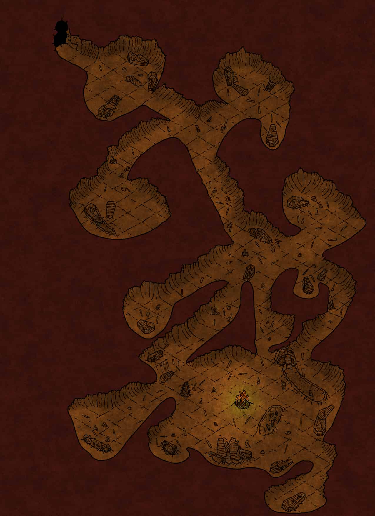 Ghoul Burrow parchment dungeon map - isometric underground lair for Dungeons and Dragons campaigns